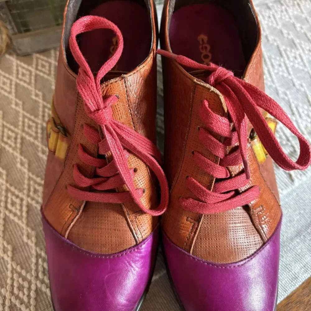 SOCOFY Multi-color  Embossed  Lace Up Ankle Retro/Vintage  Pumps ‎ sz39 (8-8.5). - Picture 6 of 10